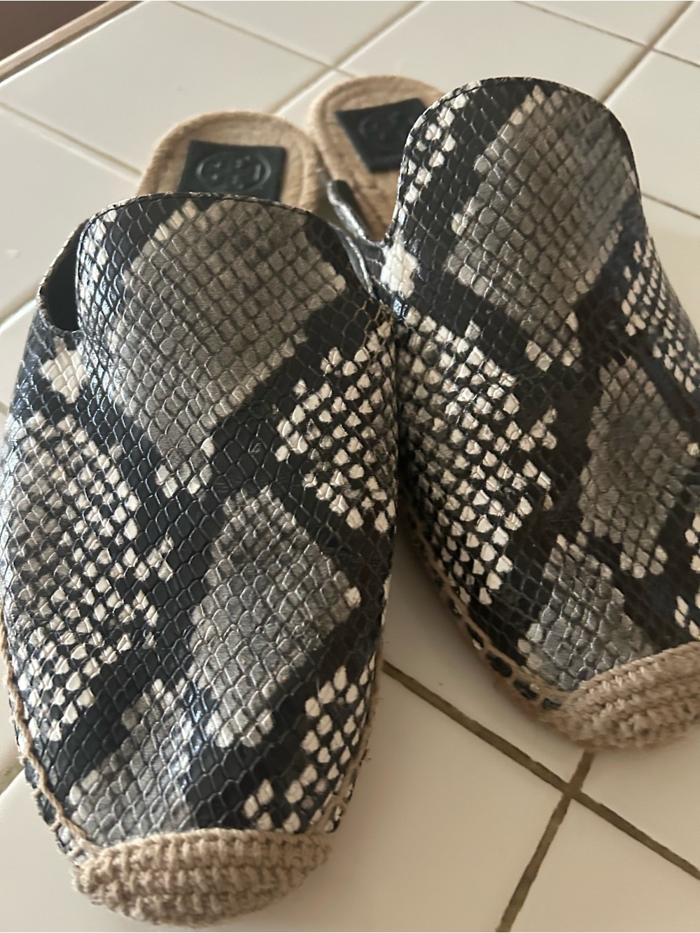 Tory Burch Black & Natural Snake-Print Espadrille Mule